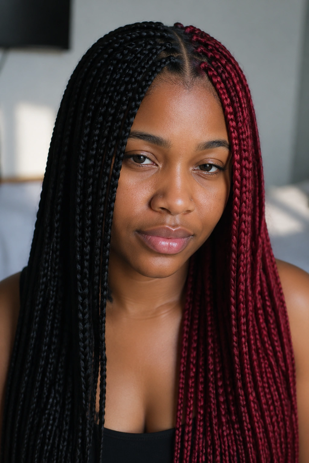 Close-up of a real person with half black and half red knotless braids with a crisp part