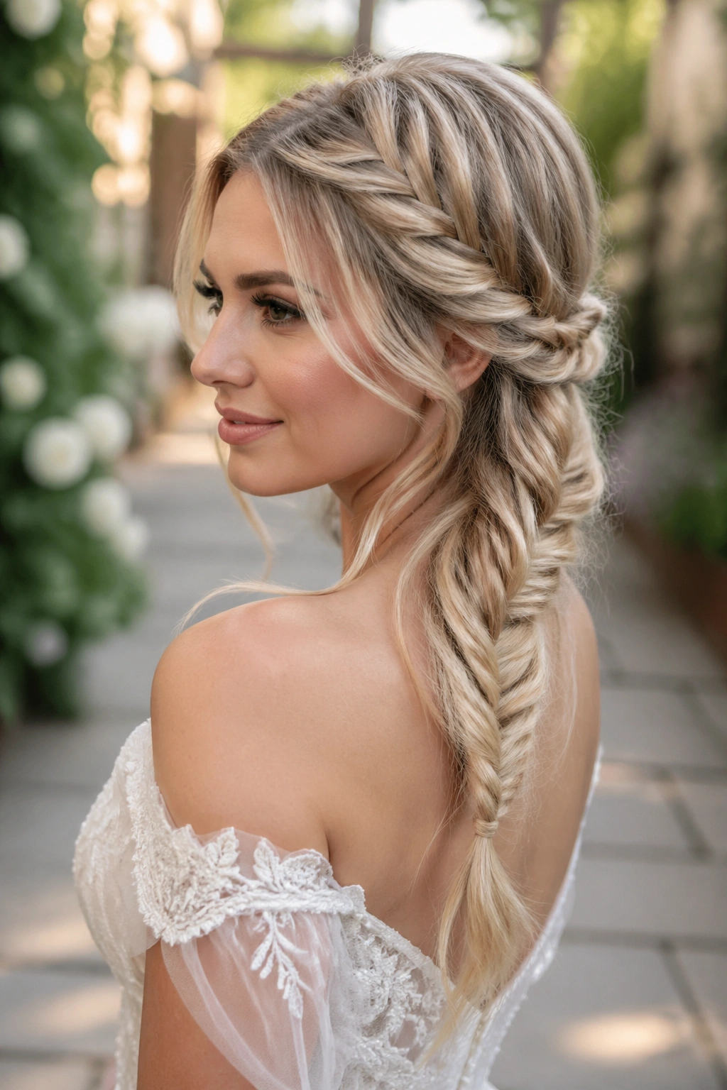 Close-up of a bride's half-braid hybrid with twist and fishtail visible at crown