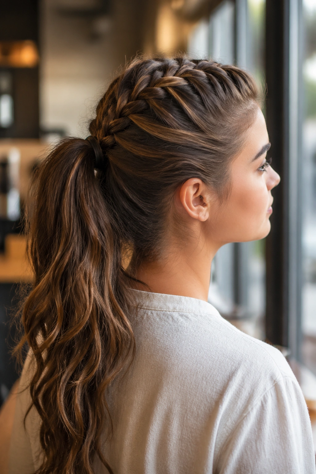 Close-up of real woman wearing a half-French braid into a ponytail