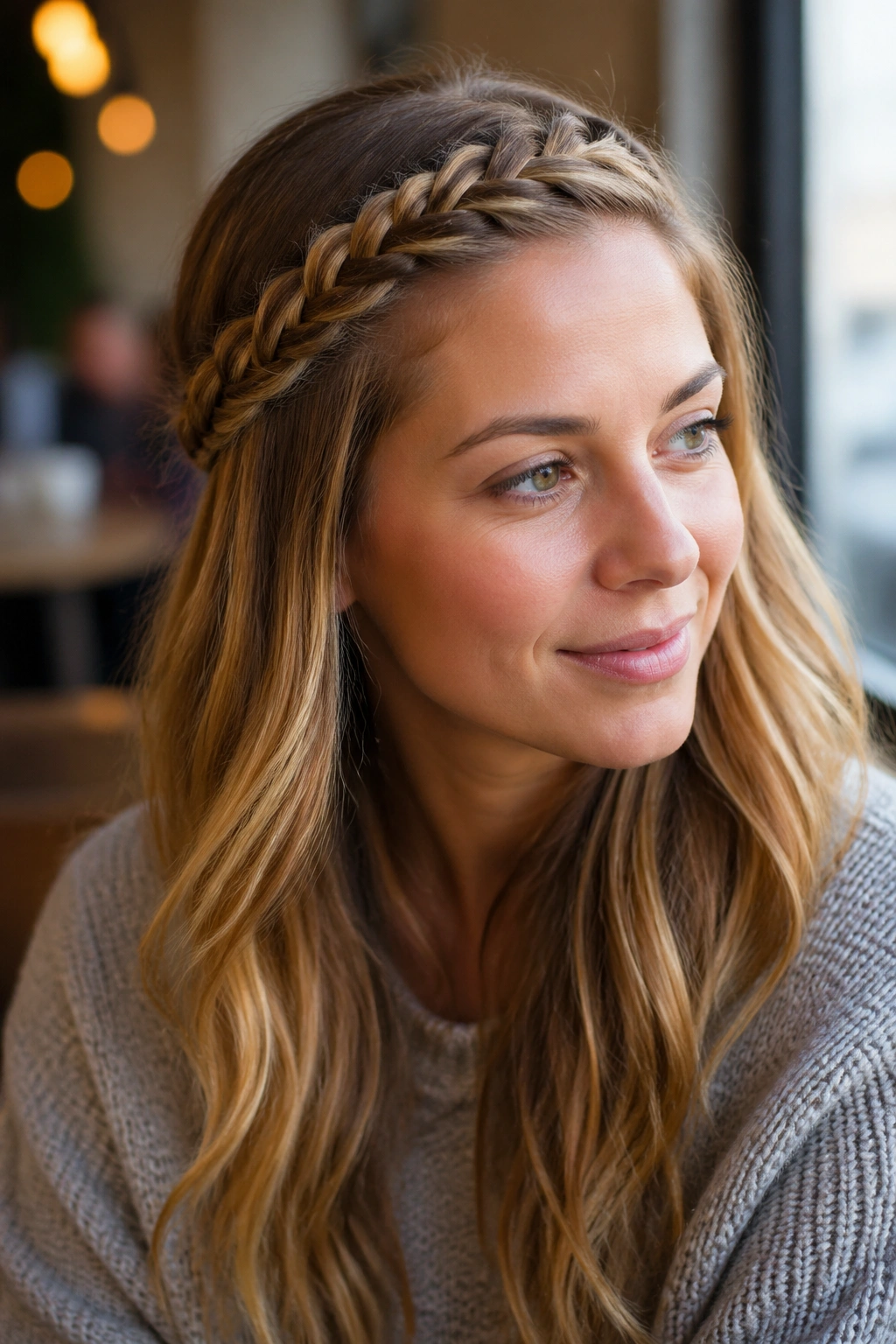 Close-up of a real woman wearing a half halo braid across the front hairline