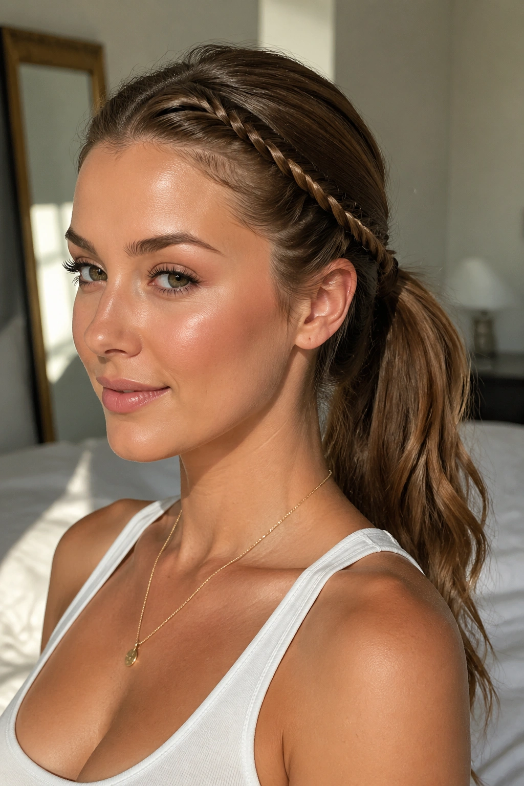Close-up of a real woman with a half-rope accent braid merging into a ponytail in a sunlit bedroom