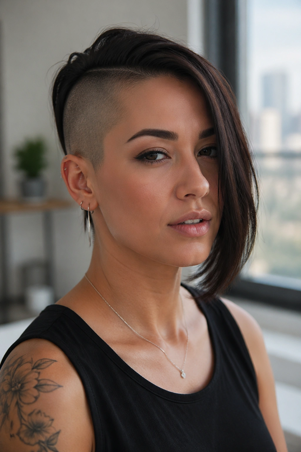 Close-up portrait of a real person with half-shaved head in a bright apartment