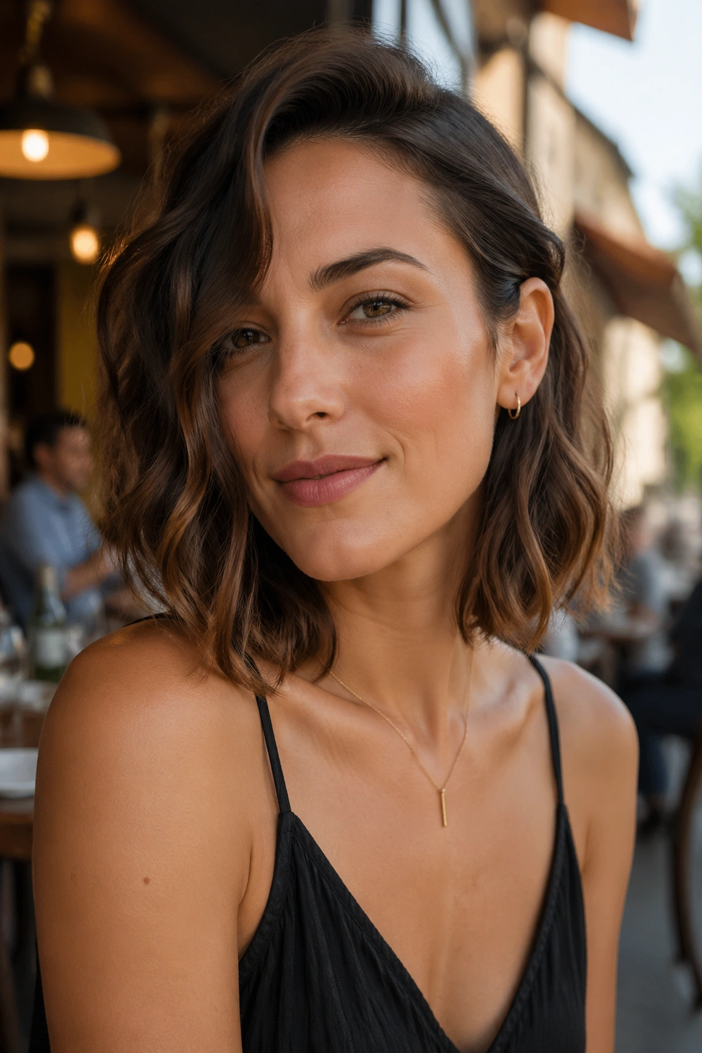 Close-up portrait of a real person with a half-tucked wavy lob behind the ear