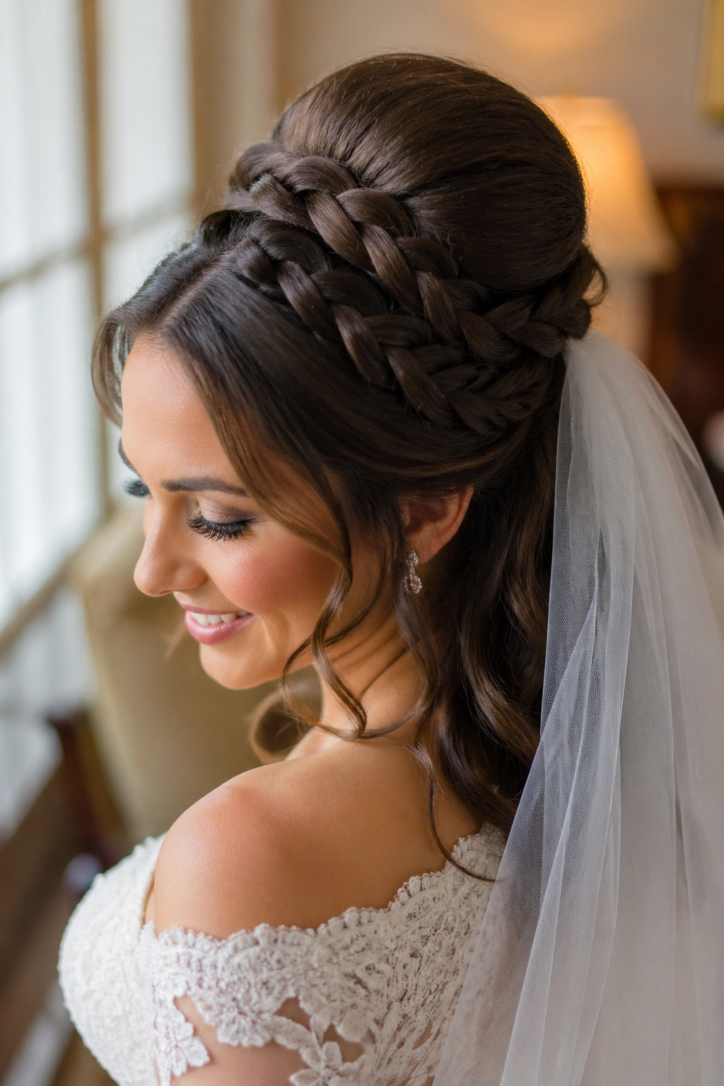 Close-up of a real bride with a half-up beehive braid and veil pinned under the crown
