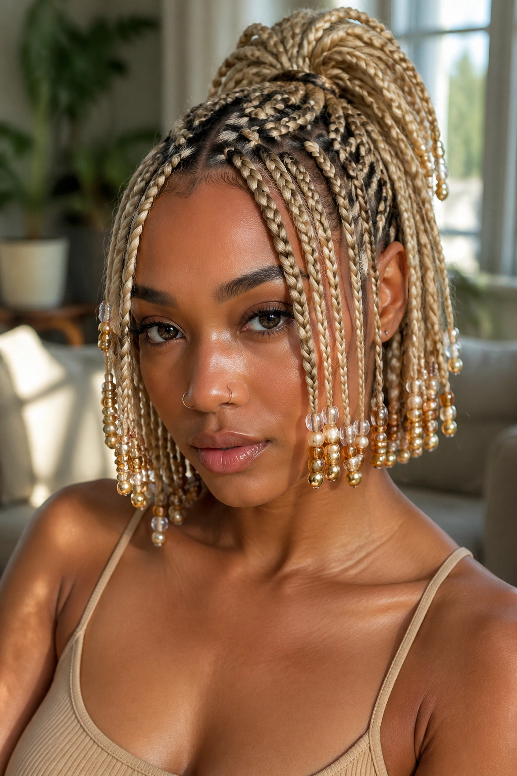 Close-up of a real person with half-up blonde bob and bead curtain
