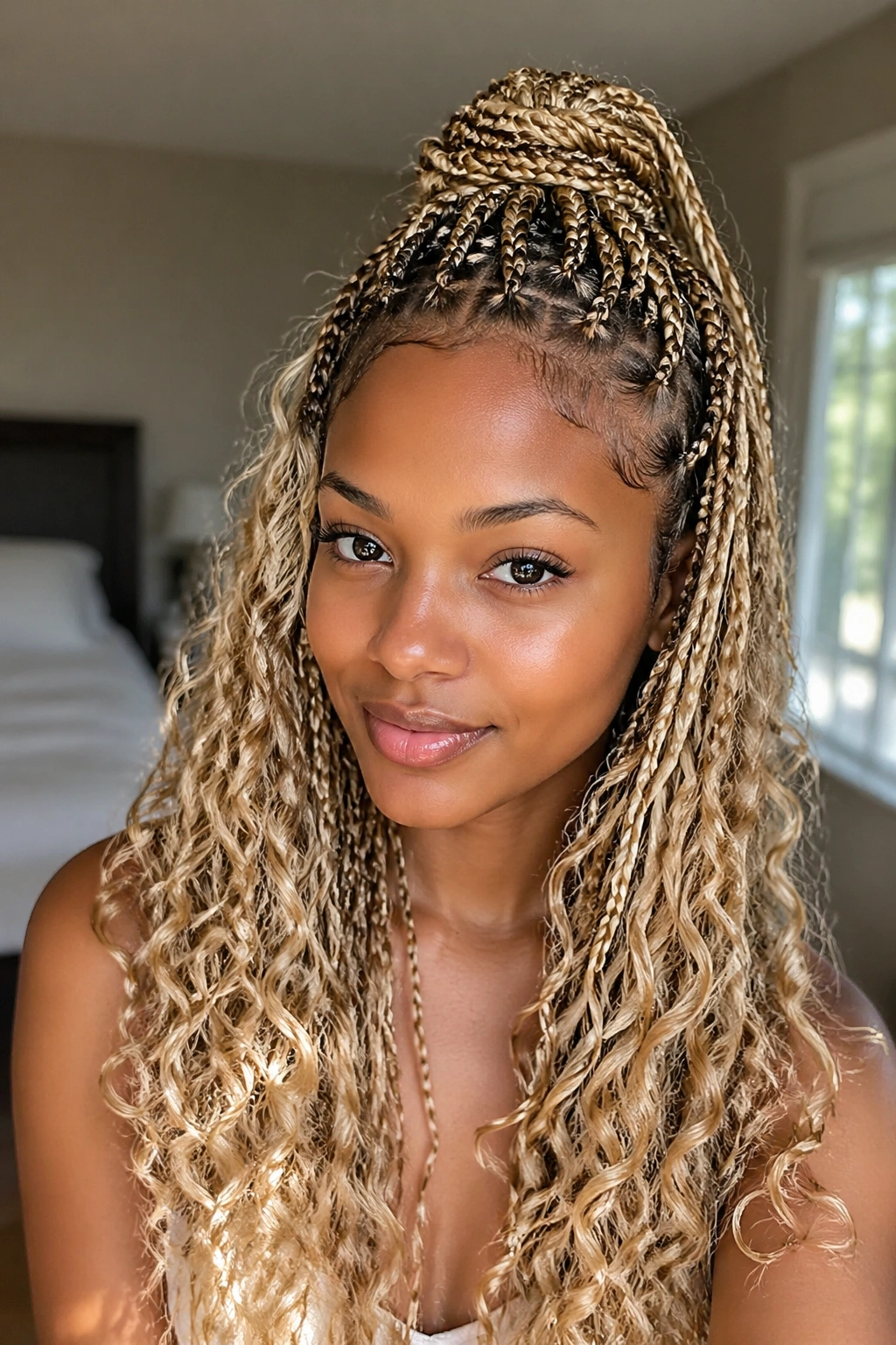 Close-up portrait of a real woman with half-up half-down blonde goddess braids and curly ends