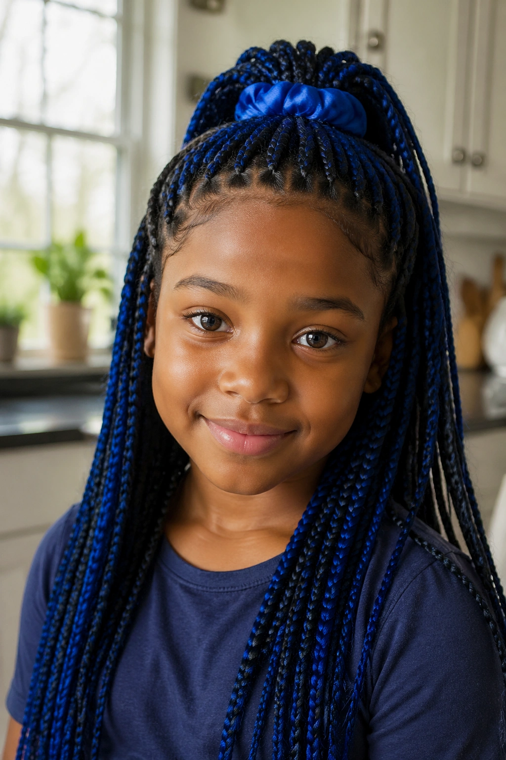 Close-up of a child with half-up half-down blue box braids in a bright kitchen
