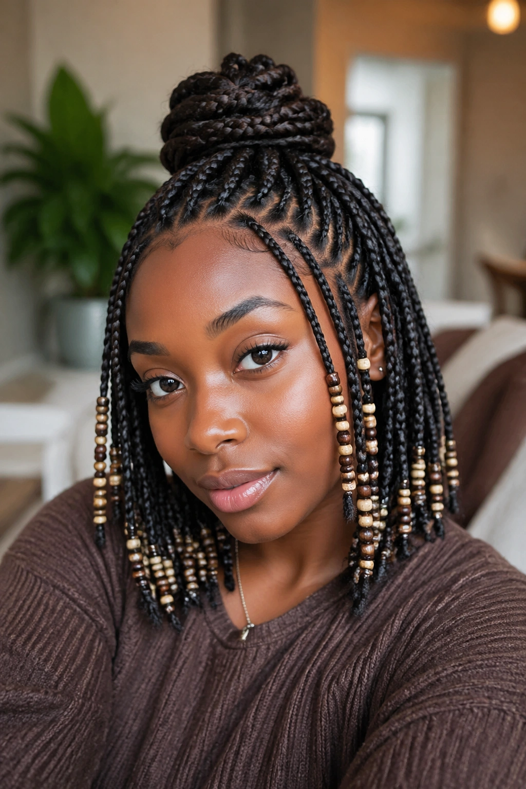 Close-up of a woman with half-up bob and perimeter beads