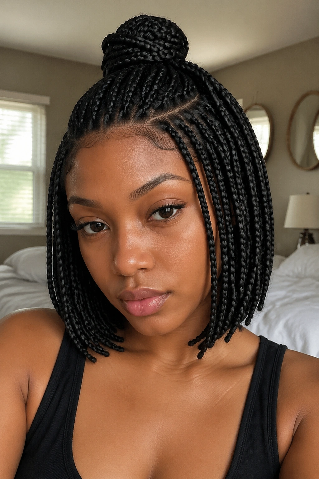 Close-up of a real Black woman with a half-up half-down bob
