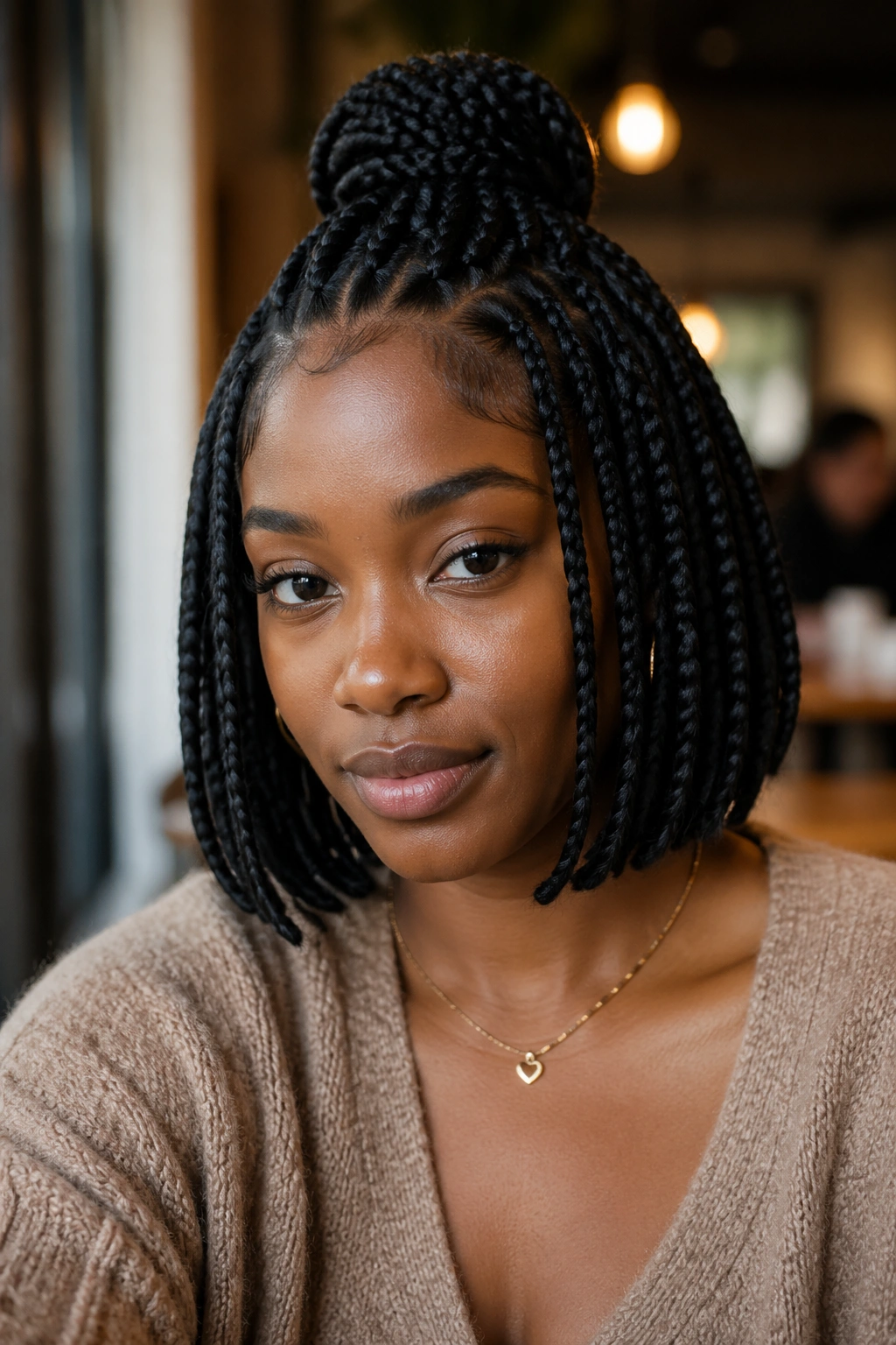 Close-up portrait of a real woman wearing a half-up bob-length box braid hairstyle with a loose top knot.