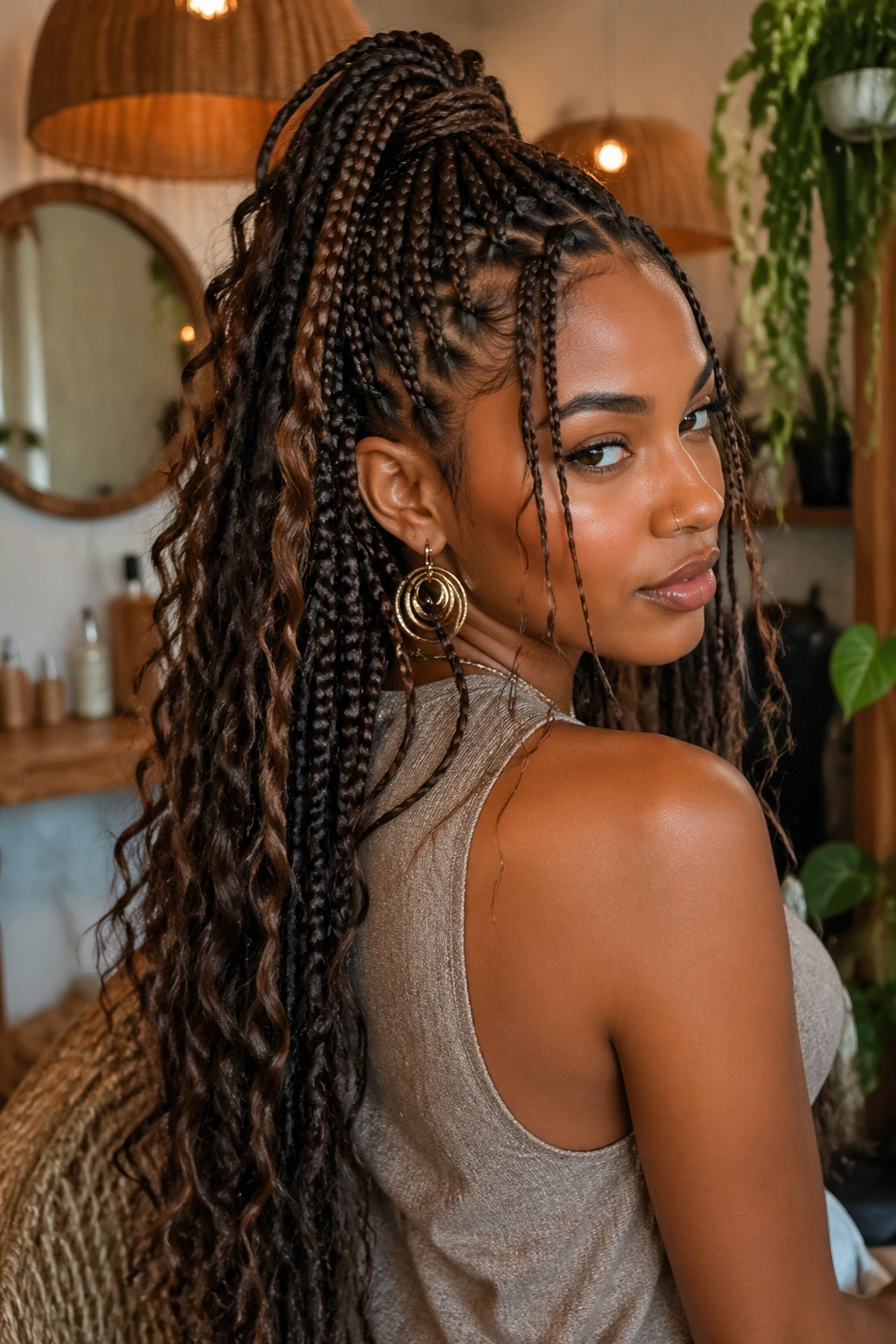Close-up of a real woman with a half-up boho box braid ponytail showing cascading length