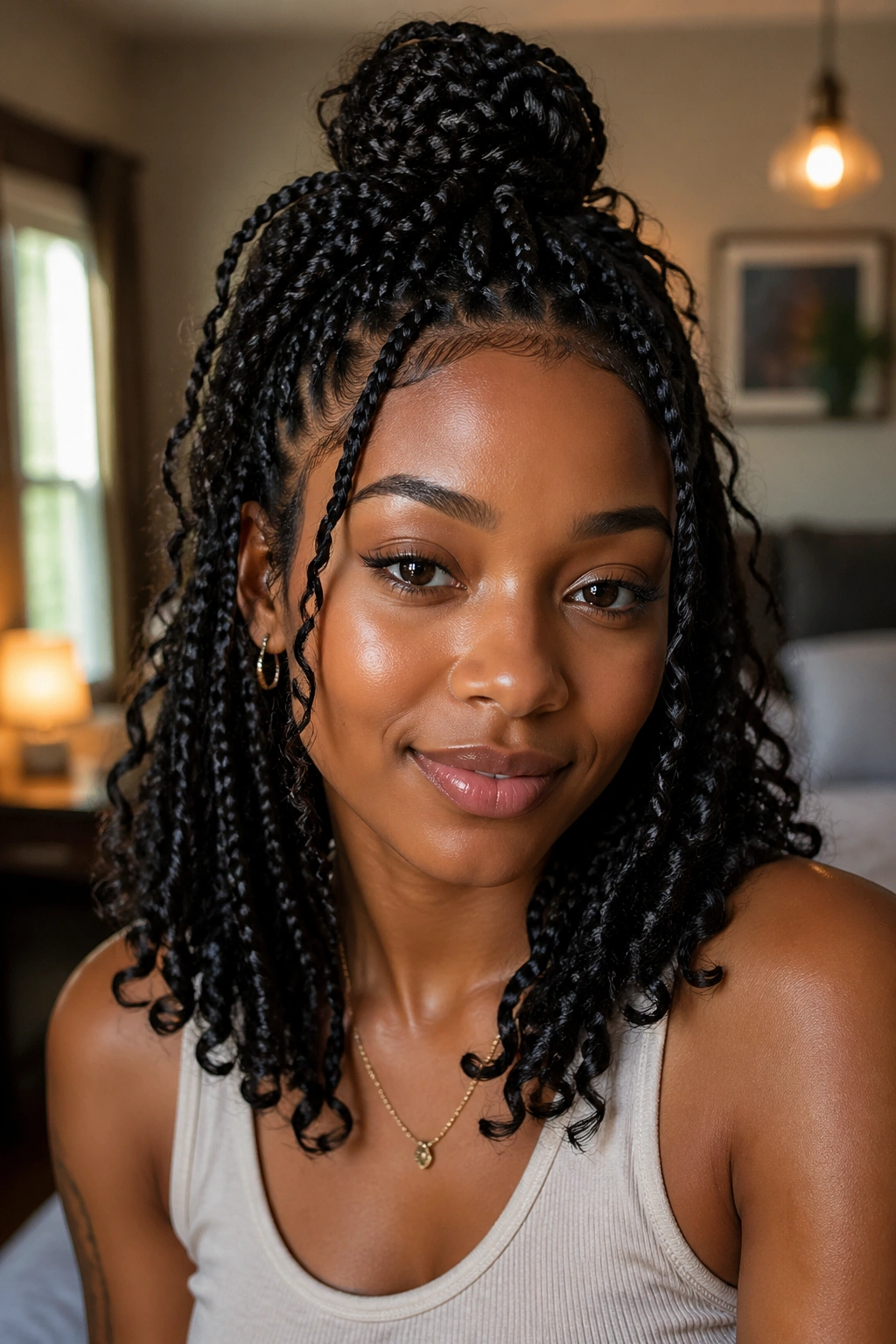 Close-up portrait of a woman with half-up short boho box braids