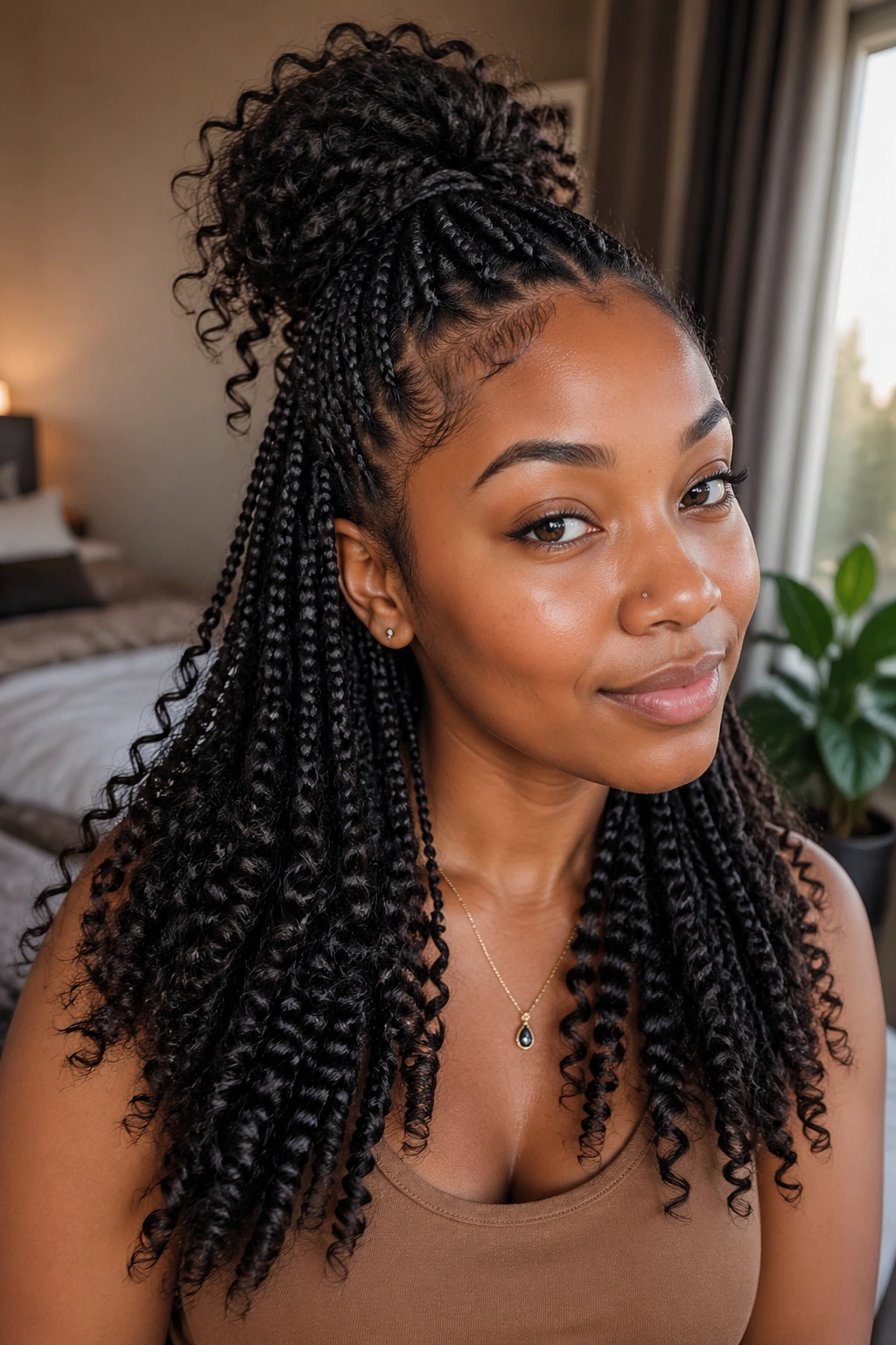 Close-up of real woman wearing half-up box braids with curly ends