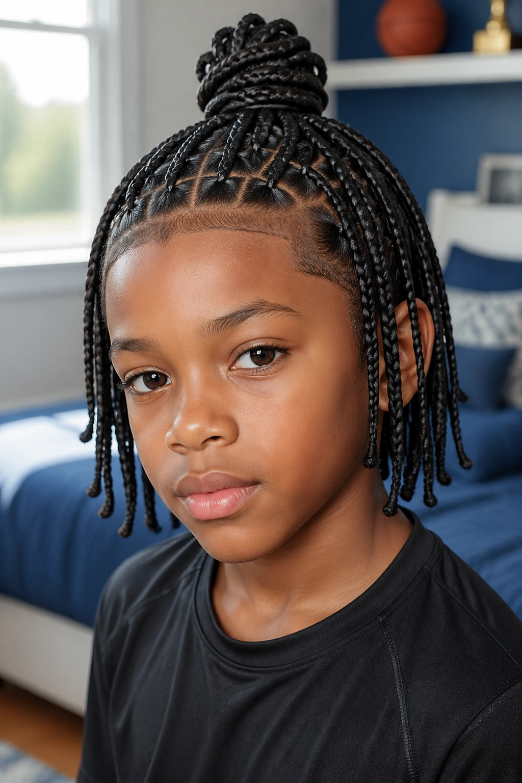 Close-up of a real boy with half-up box braids in a sunlit bedroom