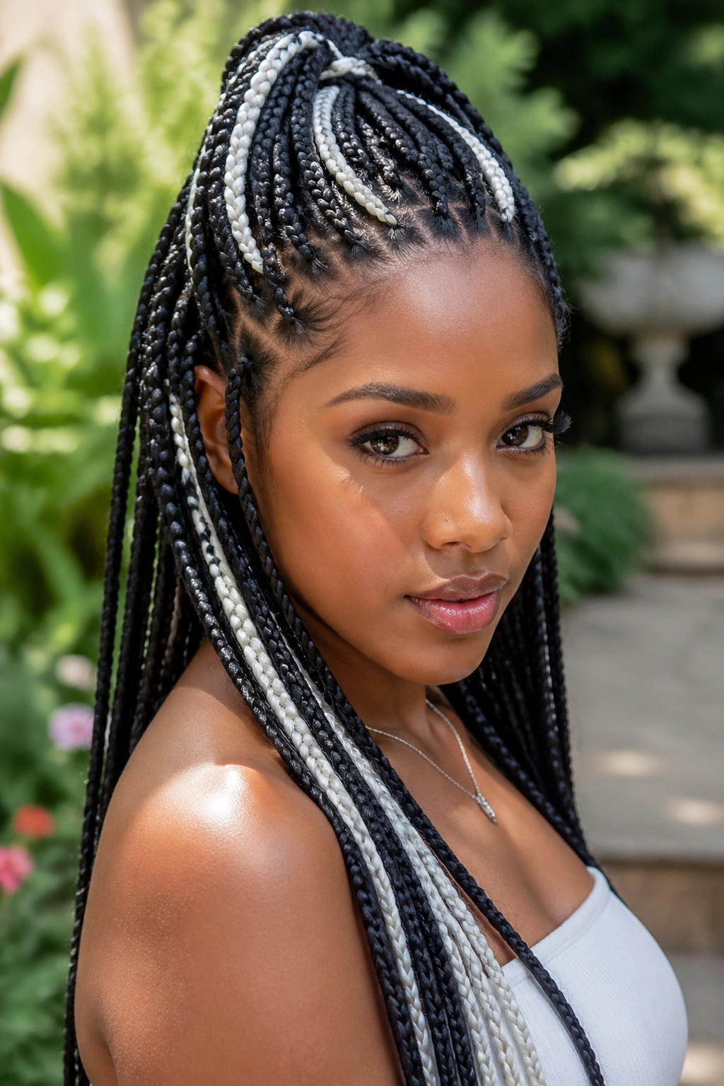 Close-up of a real woman with half-up box braids and white crown streaks
