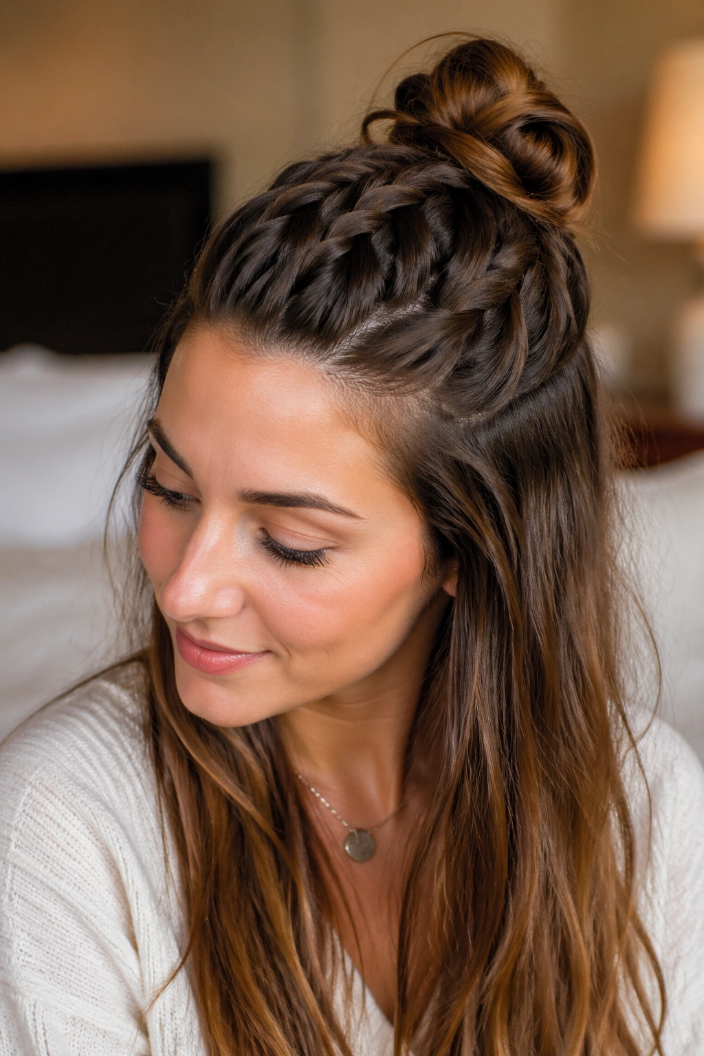 Real woman with Half-Up French Braid Bun showing top braided portion and flowing hair.