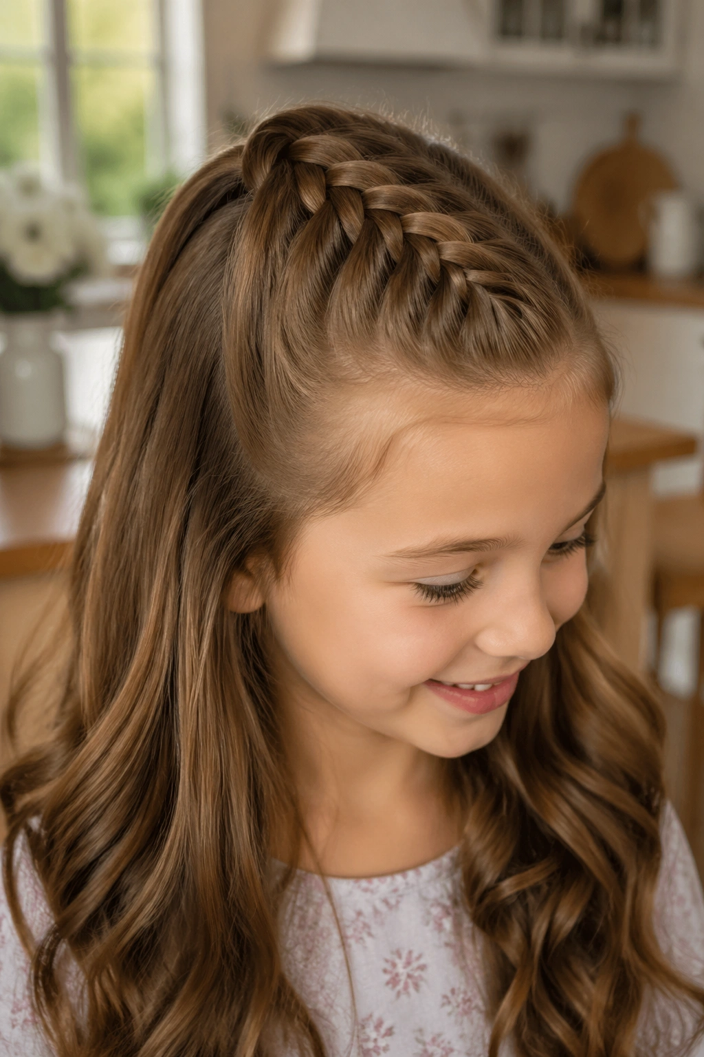 Close-up of child with half-up braid in warm kitchen light