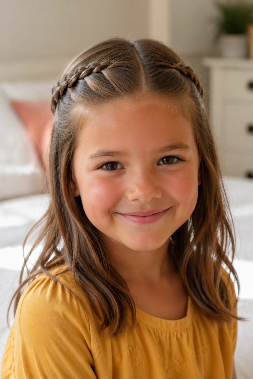 Close-up of a child with a half-up braid keeping front hair away