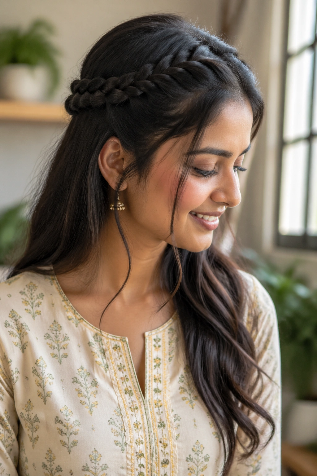 Close-up of a woman with half-up braids on the sides, wearing a cotton kurti