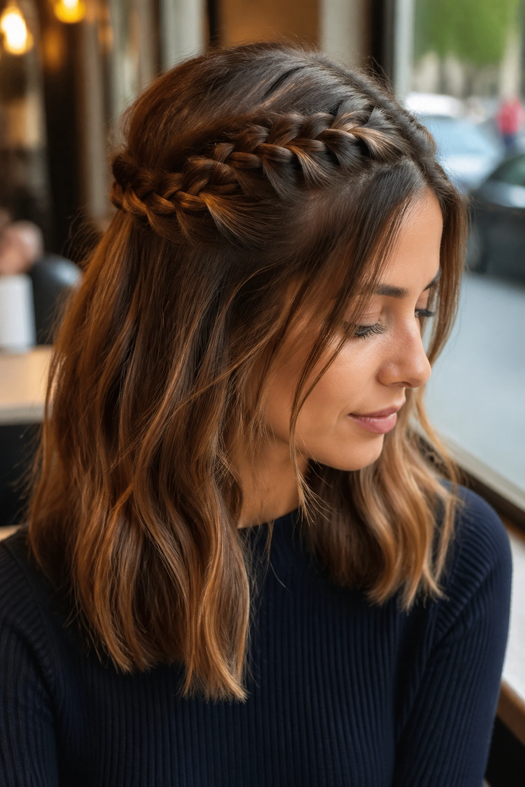 Close-up of a real woman with a half-up crown braid in a sunlit cafe setting