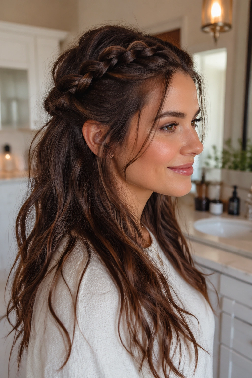 Medium close-up of woman with half-up messy crown braid and loose hair