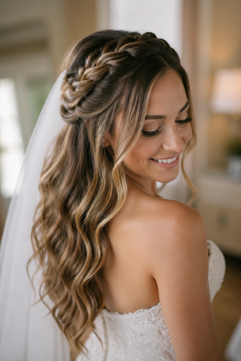 Close-up of real bride with half-up braided twist on long hair and soft waves