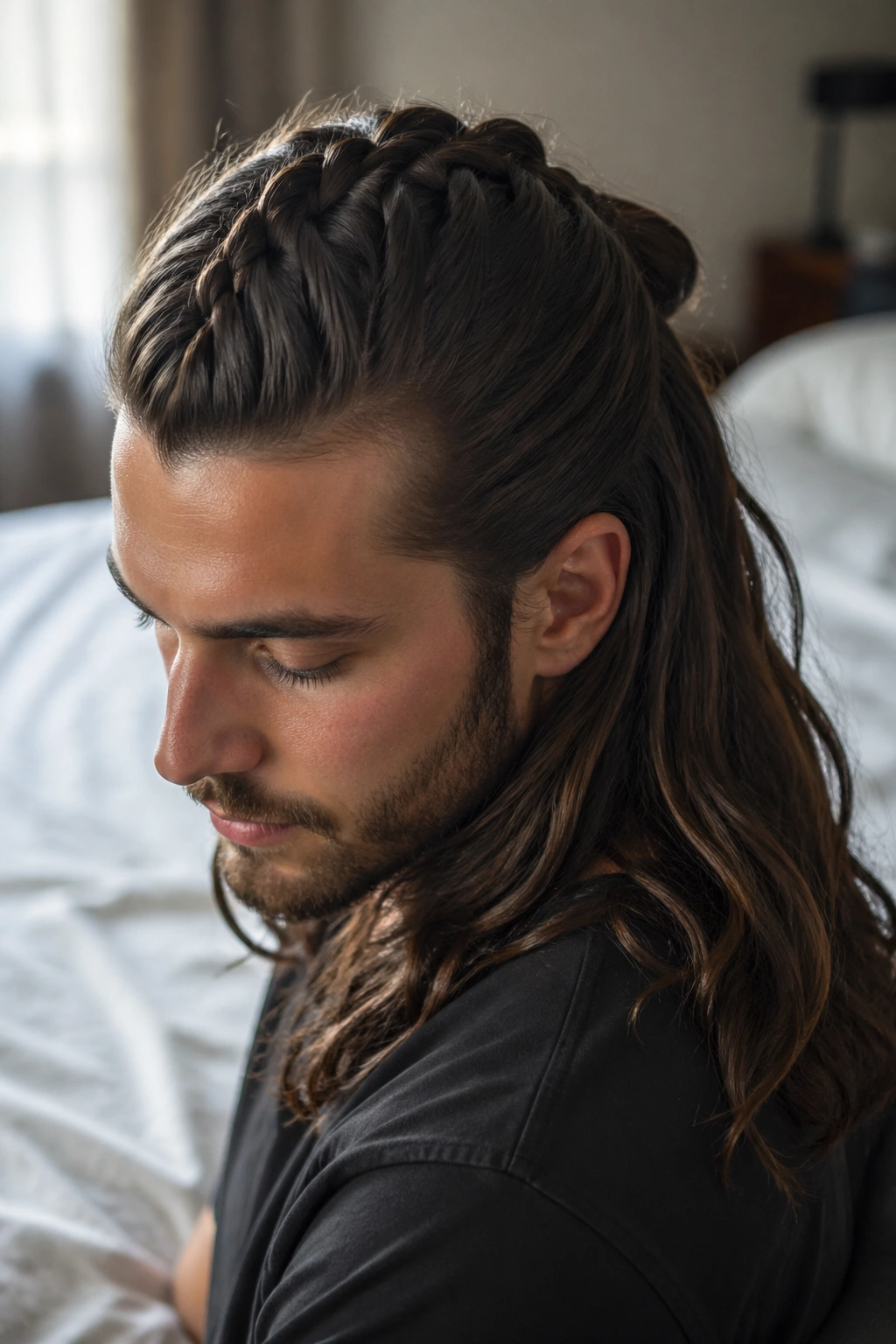 Close-up of a man with a half-up braided top and loose hair