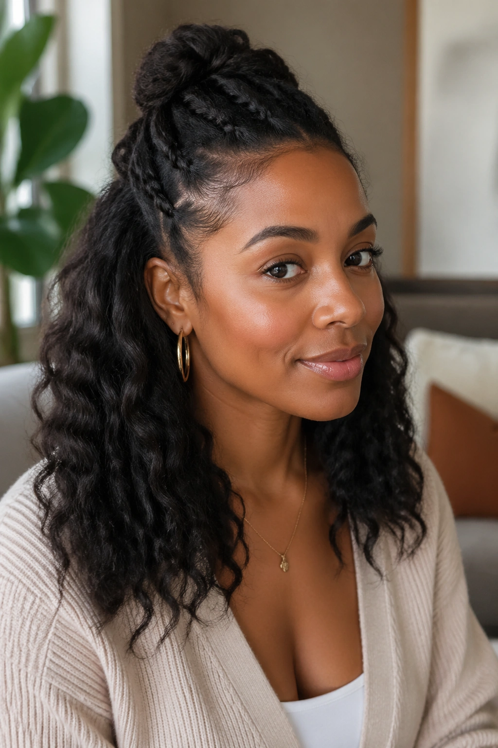 Real woman with half-up braid-out showing top pulled back and flowing waves.