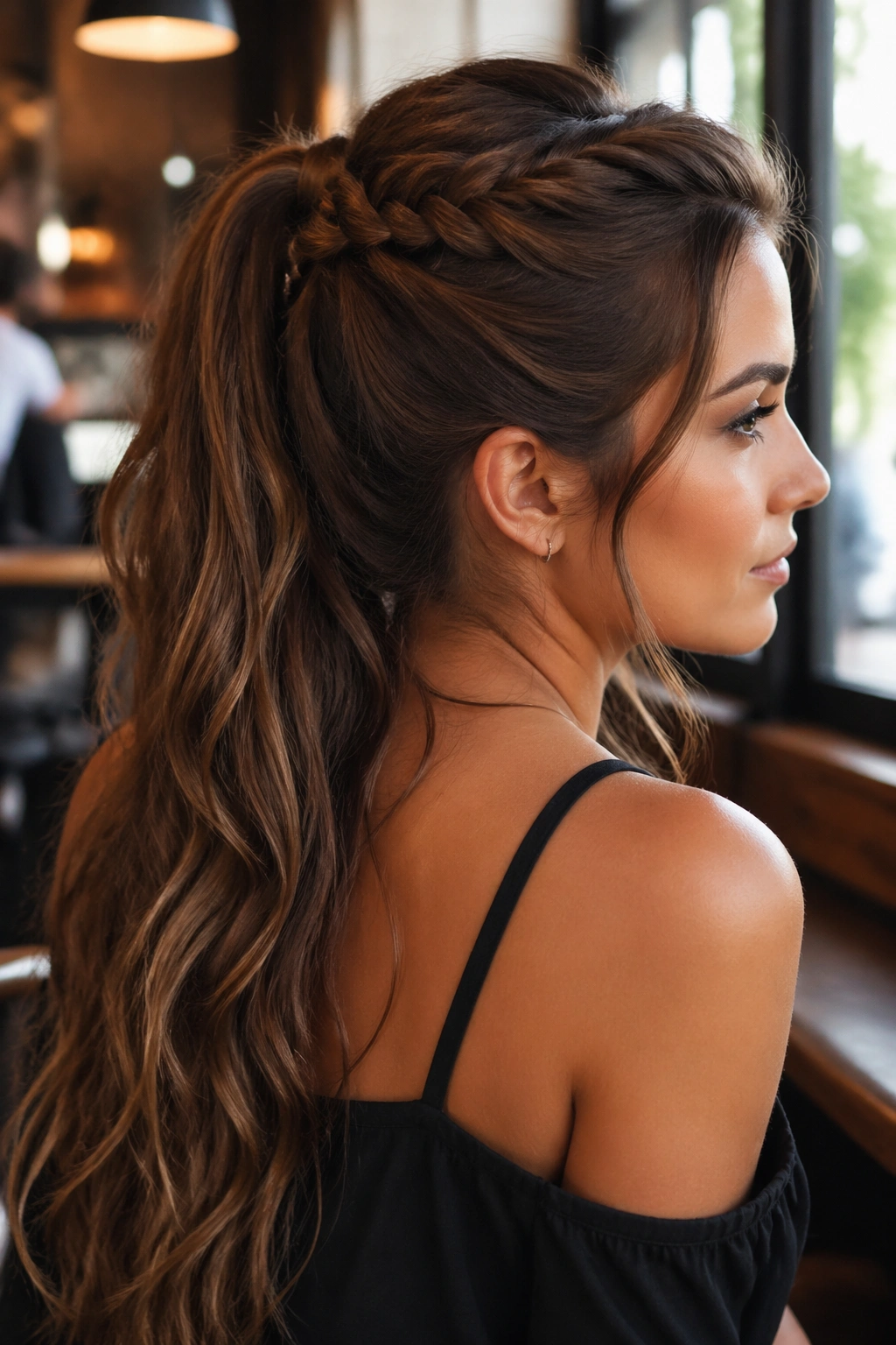 Close-up of a real woman with a half-up braid feeding into a long ponytail.