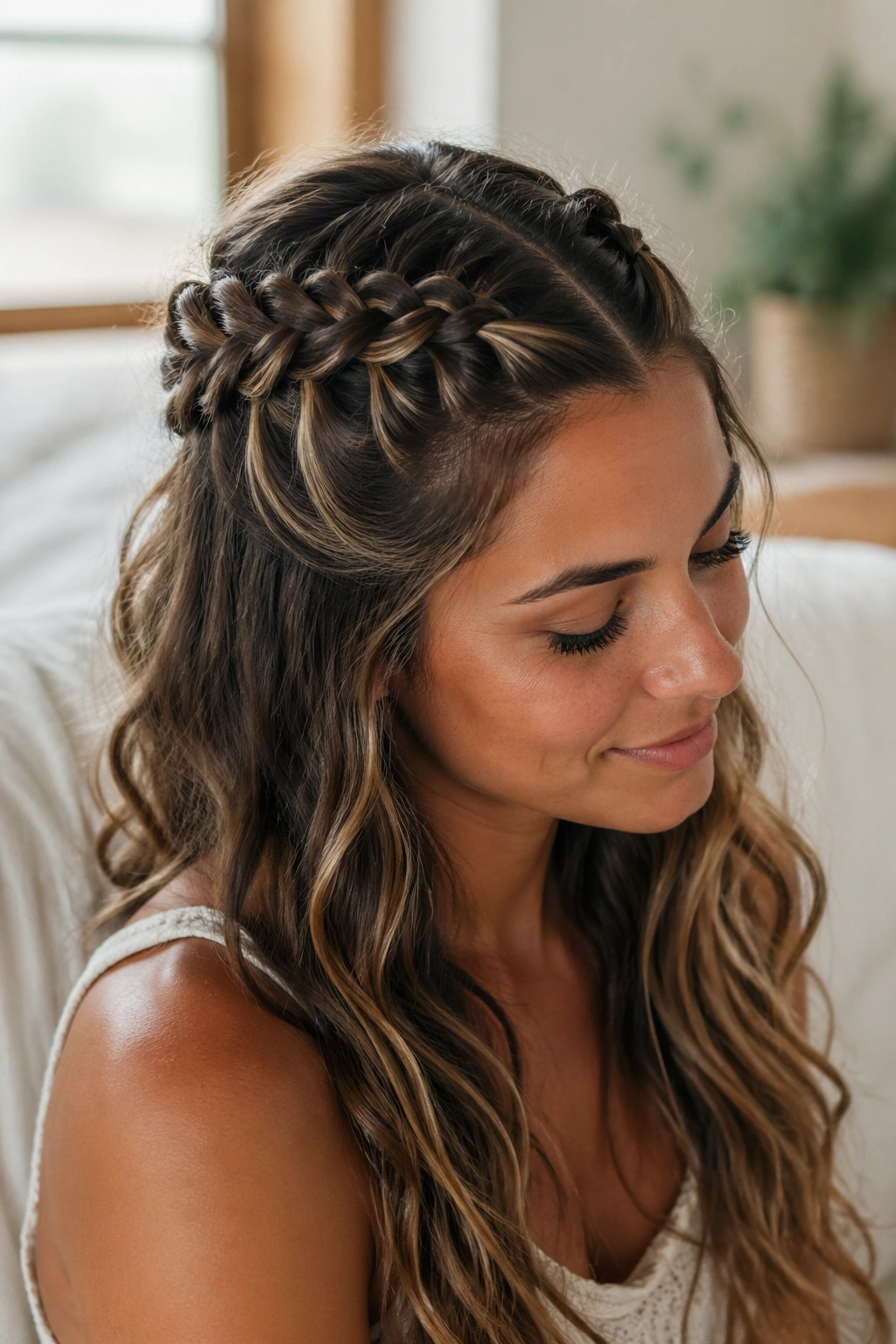 Close-up of a person with a half-up braid, top braid back and loose hair below.
