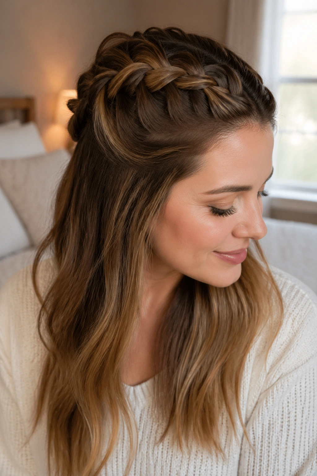 Close-up of a real woman with a half-up braid, top section braided and pinned at the crown