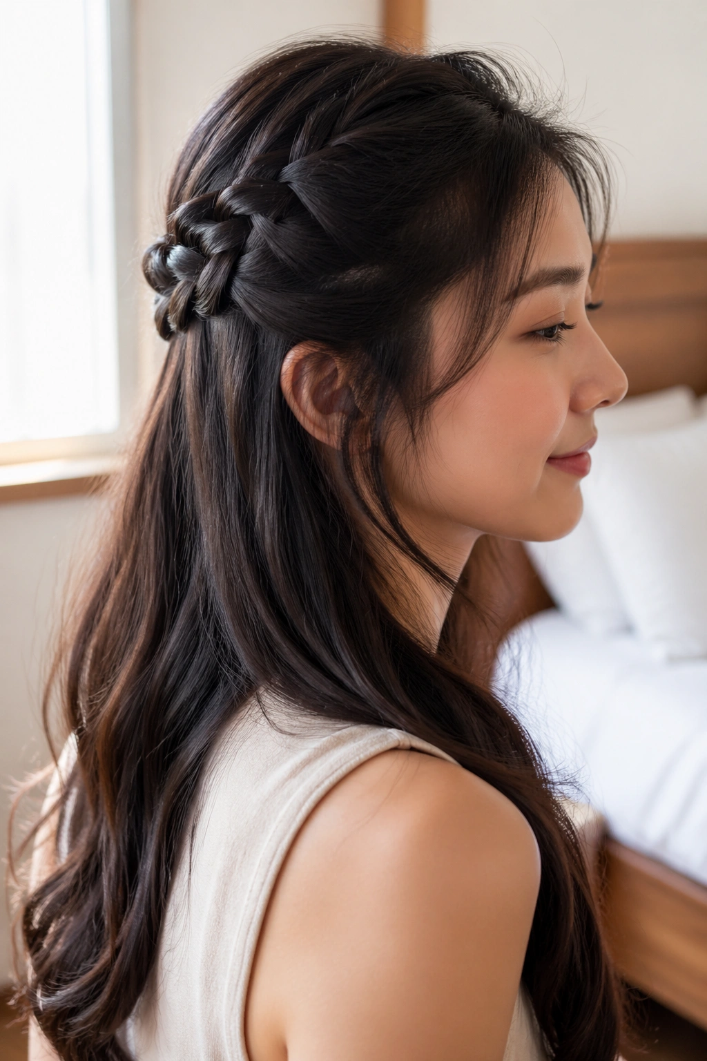 Close-up of a real woman with a half-up braided hairstyle