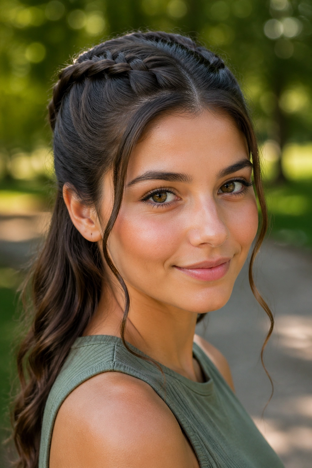 Portrait of a woman with a half-up braid and slim side tendrils