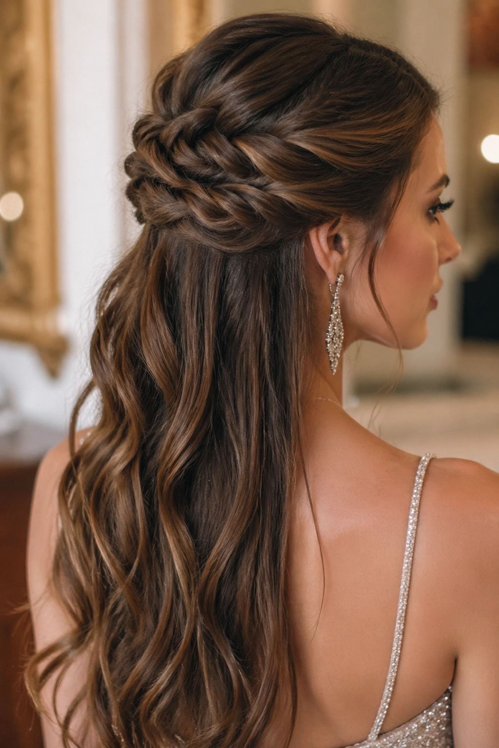 Close-up portrait of a real woman wearing a half-up braid twist with crown lift