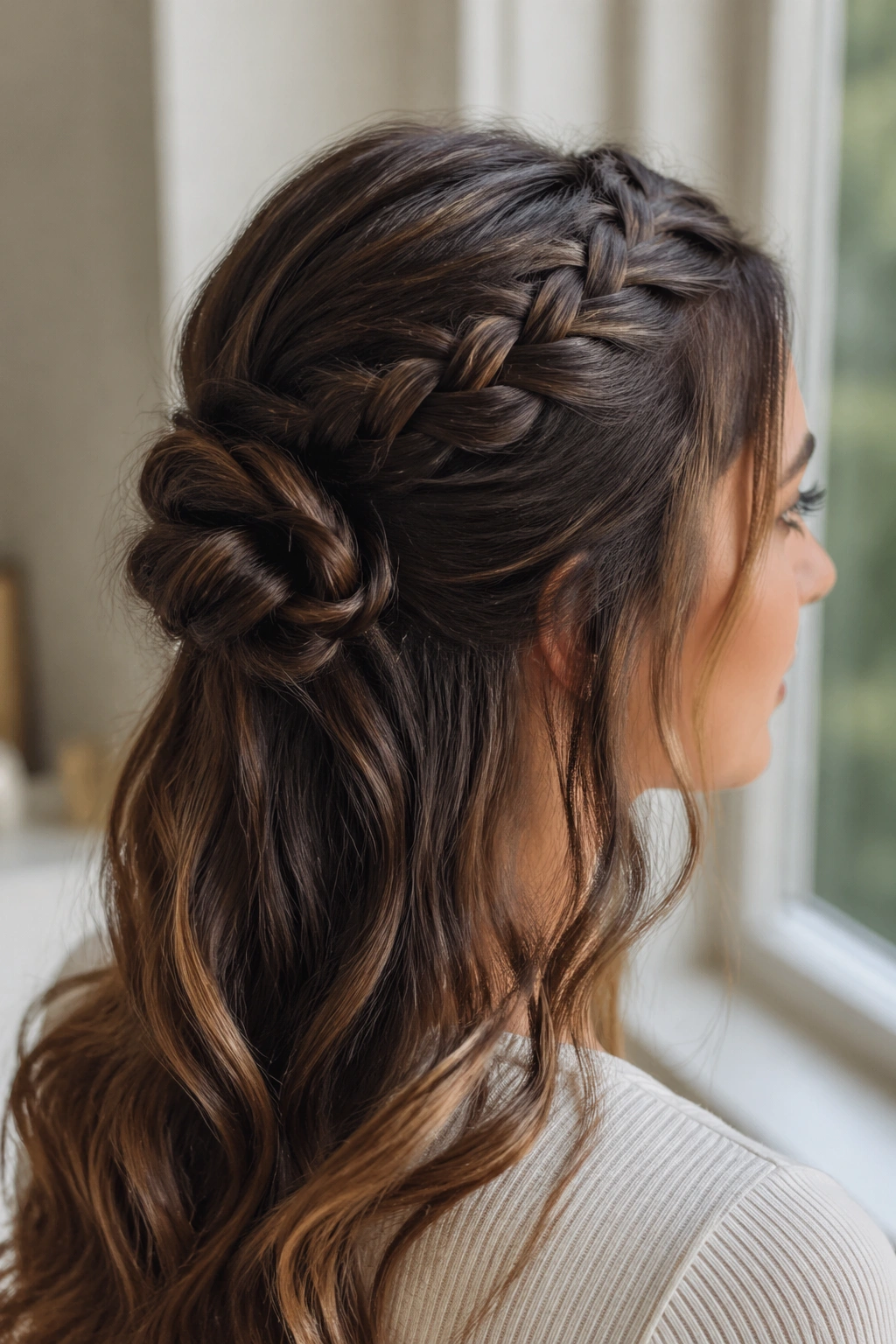 Close-up of a woman with a half-up braid and twist knot at the back
