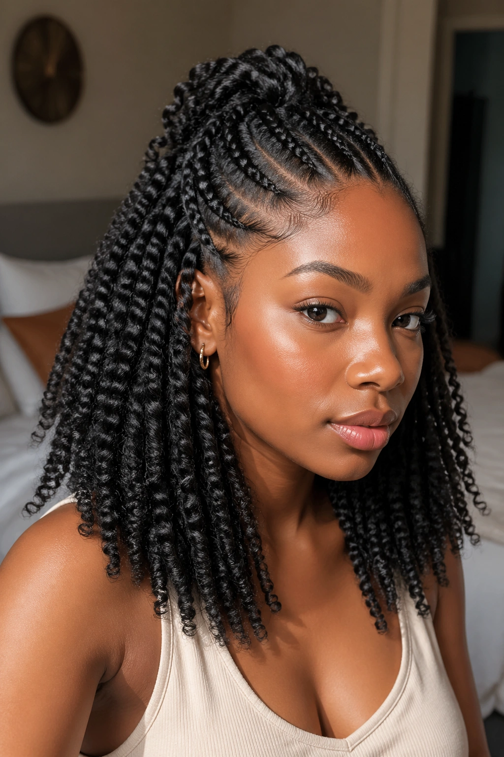 Close-up of a real Black woman's head with Type 4 hair showing a half-up lace braid and twist-out lengths