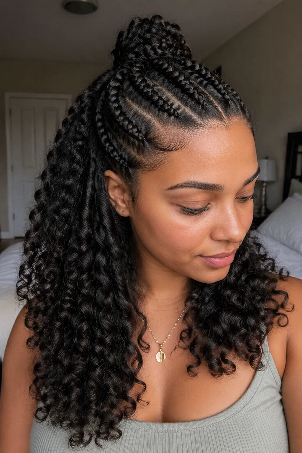 Half-up braided style showing curls on a real person