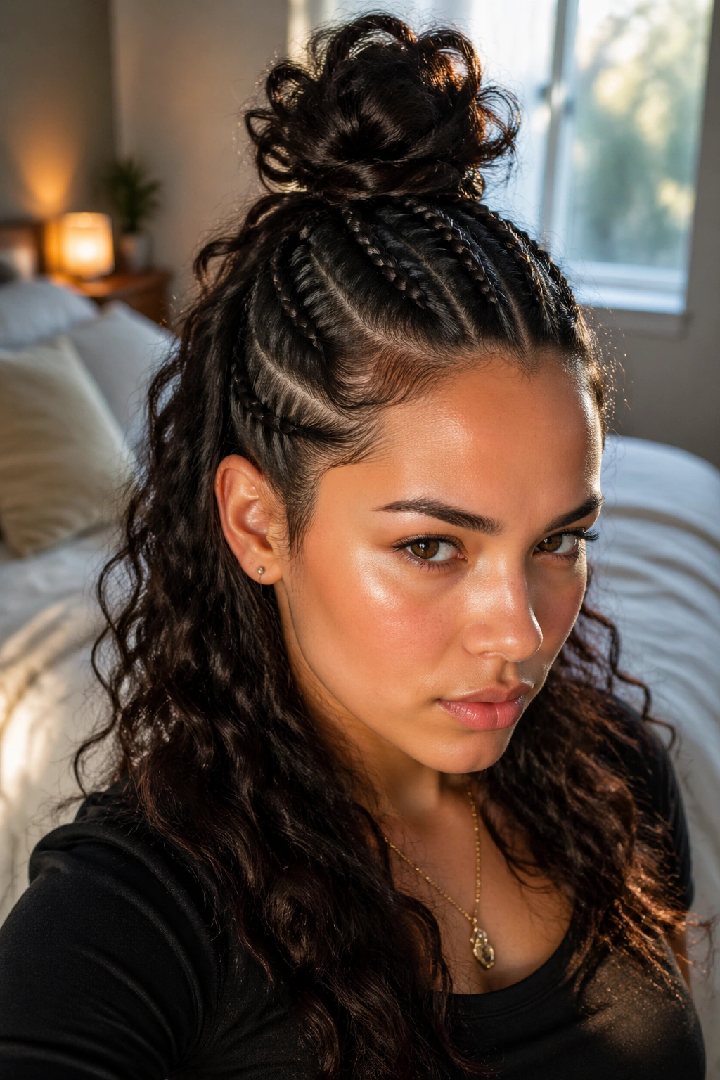 Close-up of a real person showing a half-up braided top knot hawk.