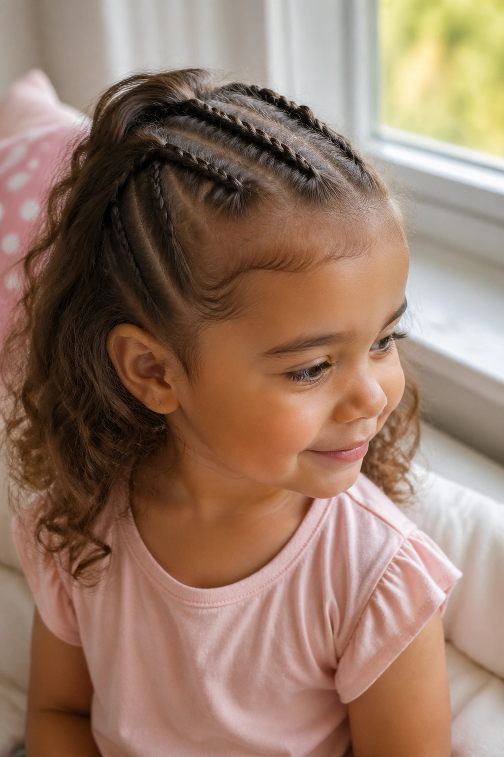 Toddler head with half-up braided rows anchored at crown, close-up.