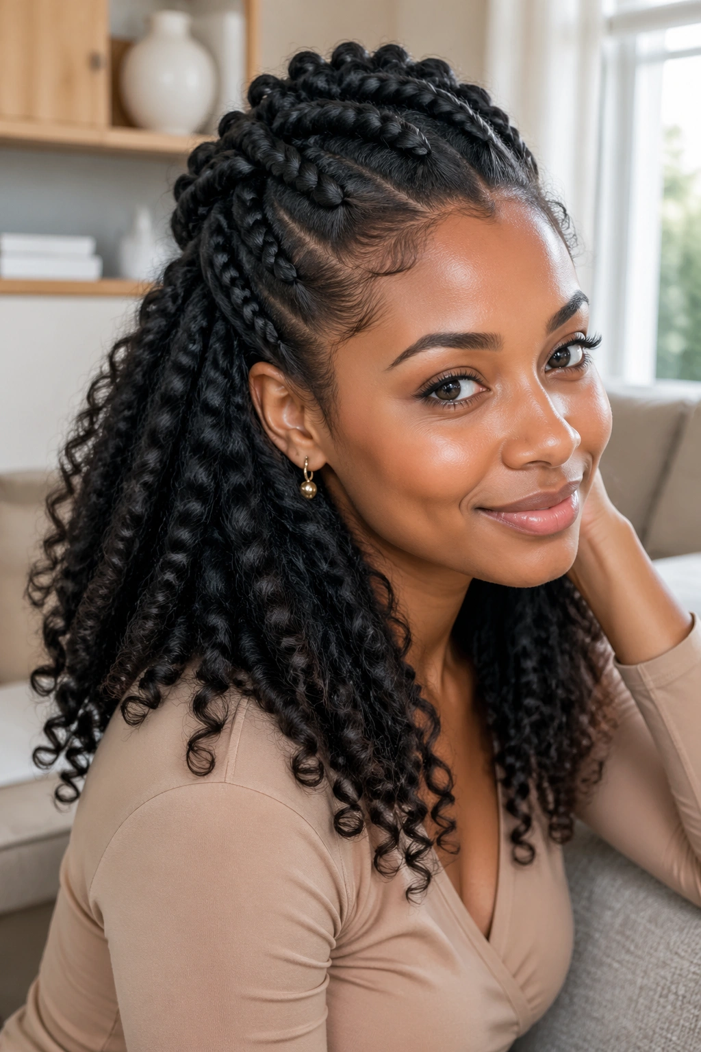 Close-up of a real woman with a half-up braid-out showing braided crown and loose curls