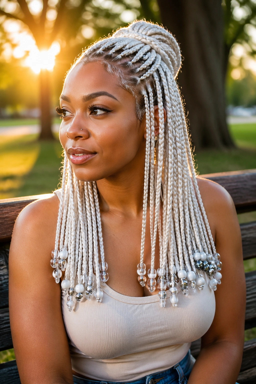 Real person with half-up white box braids and beaded ends on a park bench at golden hour