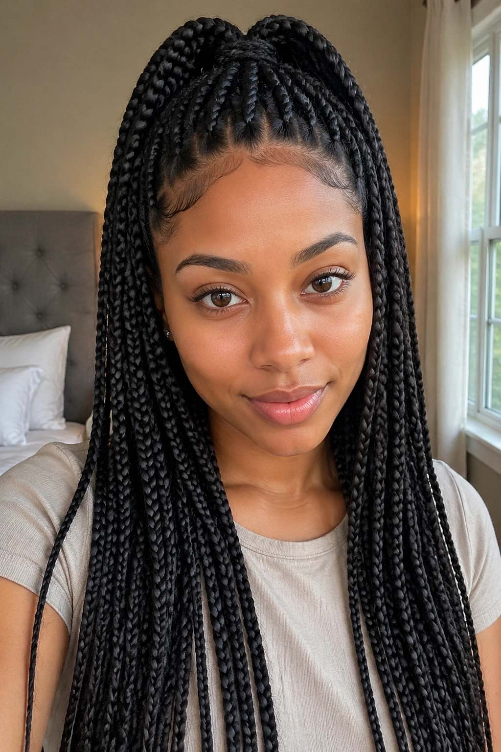 Close-up portrait of a real woman with half-up half-down medium feed-in box braids, warm window-light room.
