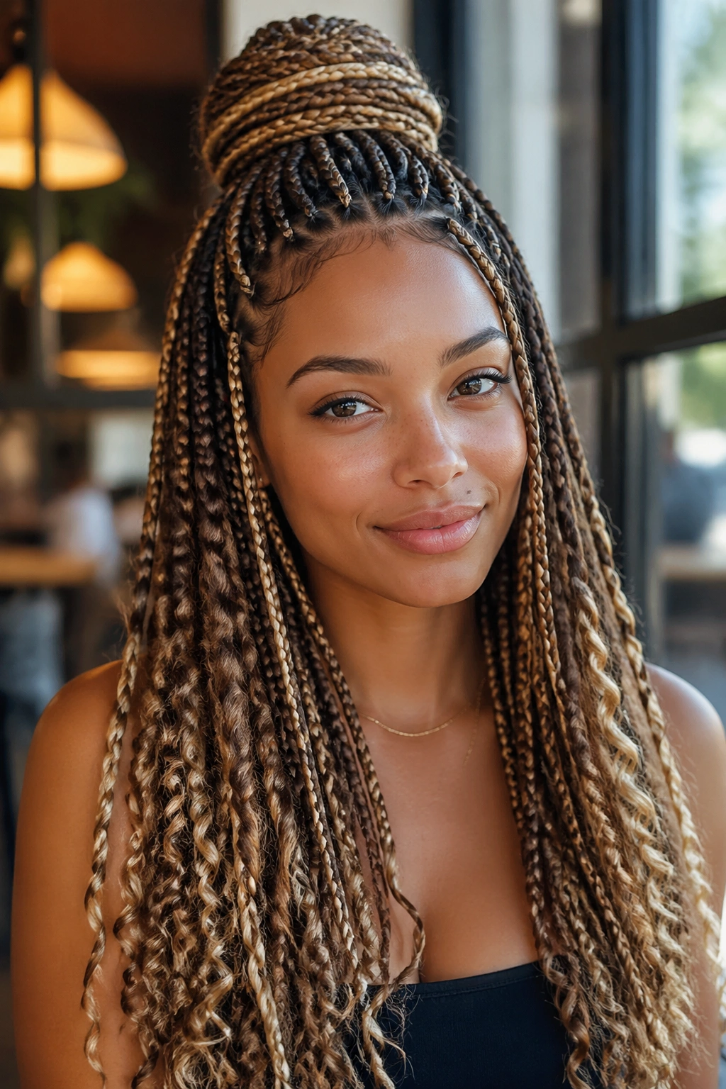 Real woman with half-up half-down braids and curly cascade.