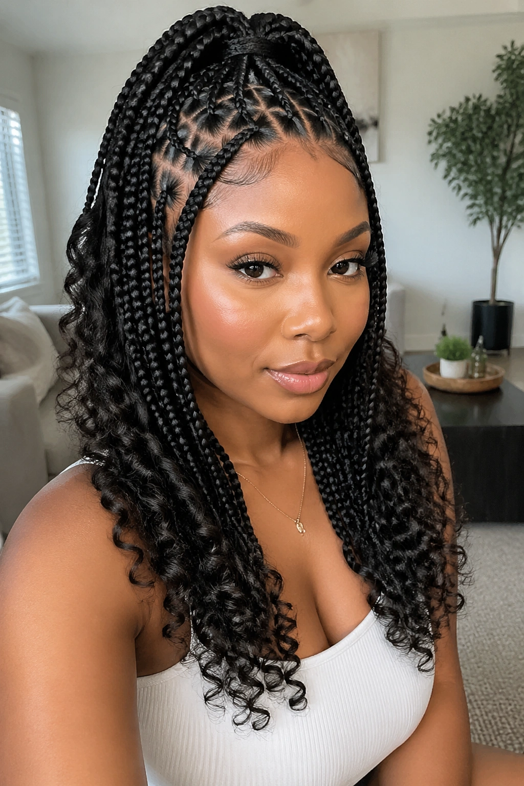 Real-person portrait with half-up triangle-part braids and curly ponytail ends