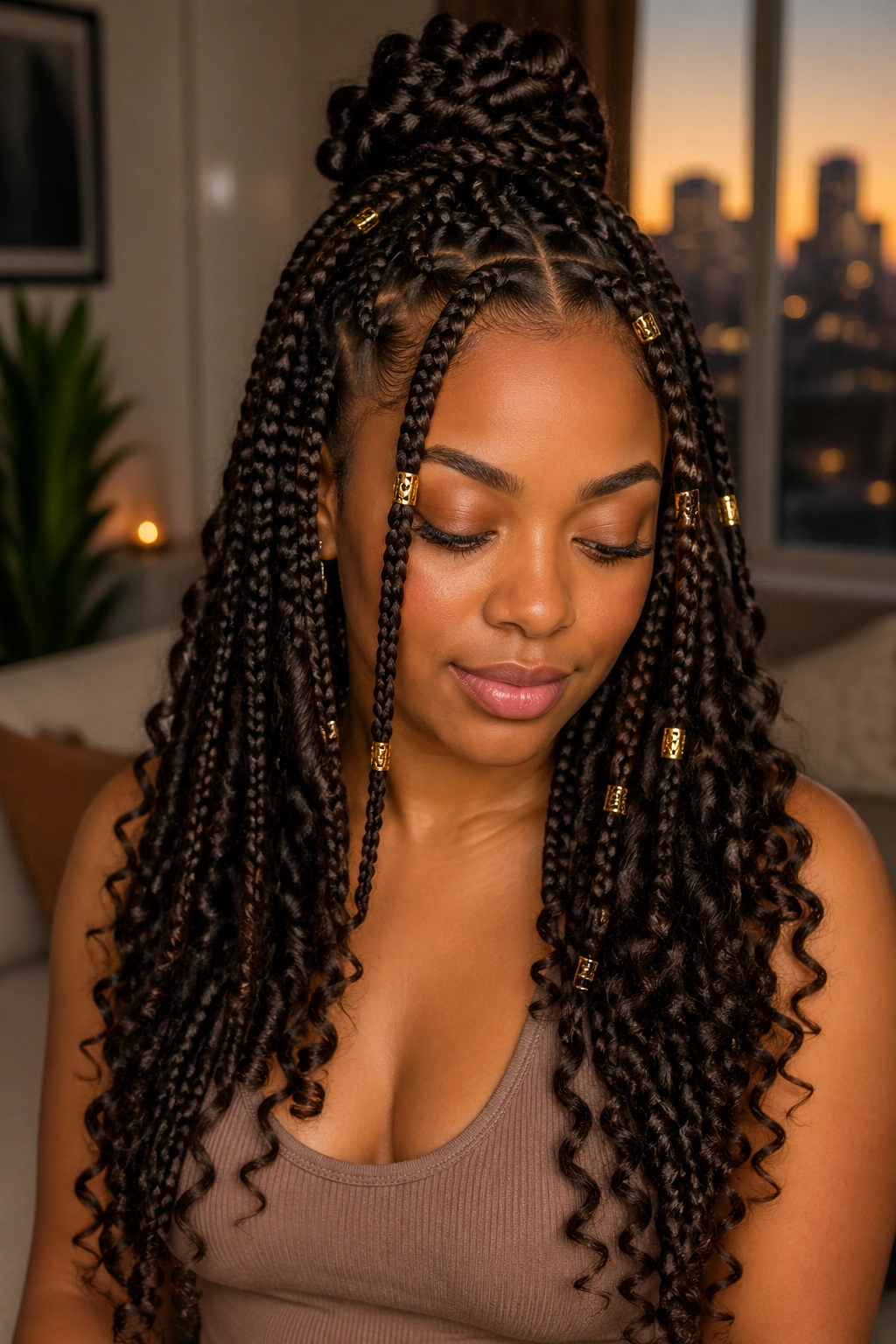 Close-up of a real woman with half-up goddess box braids and gold beads