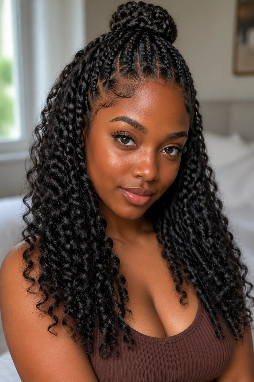 Close-up of a real woman with half-up half-down braids hairstyle