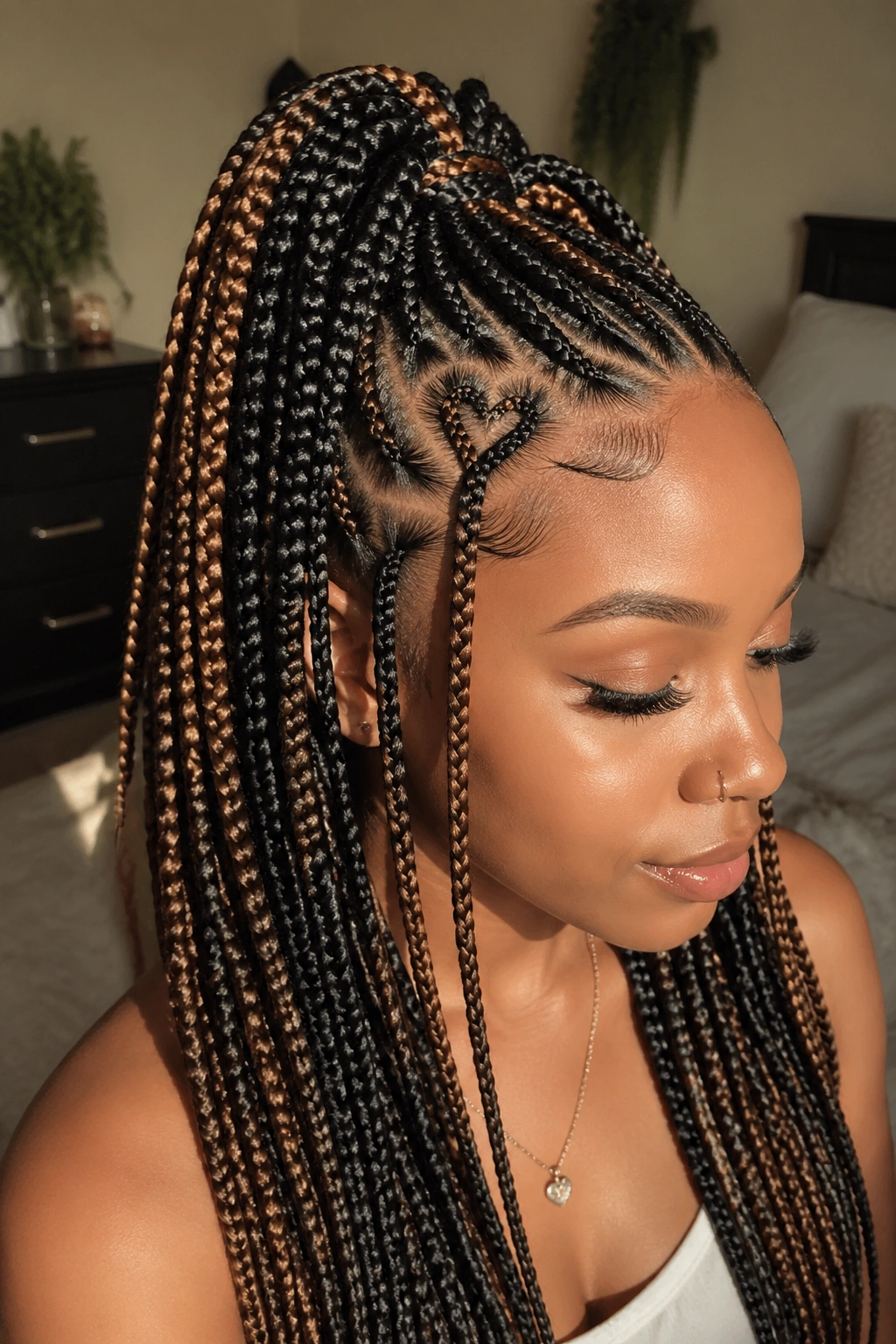 Close-up of a real woman with a high half-up ponytail and a tiny heart at the hairline in box braids.