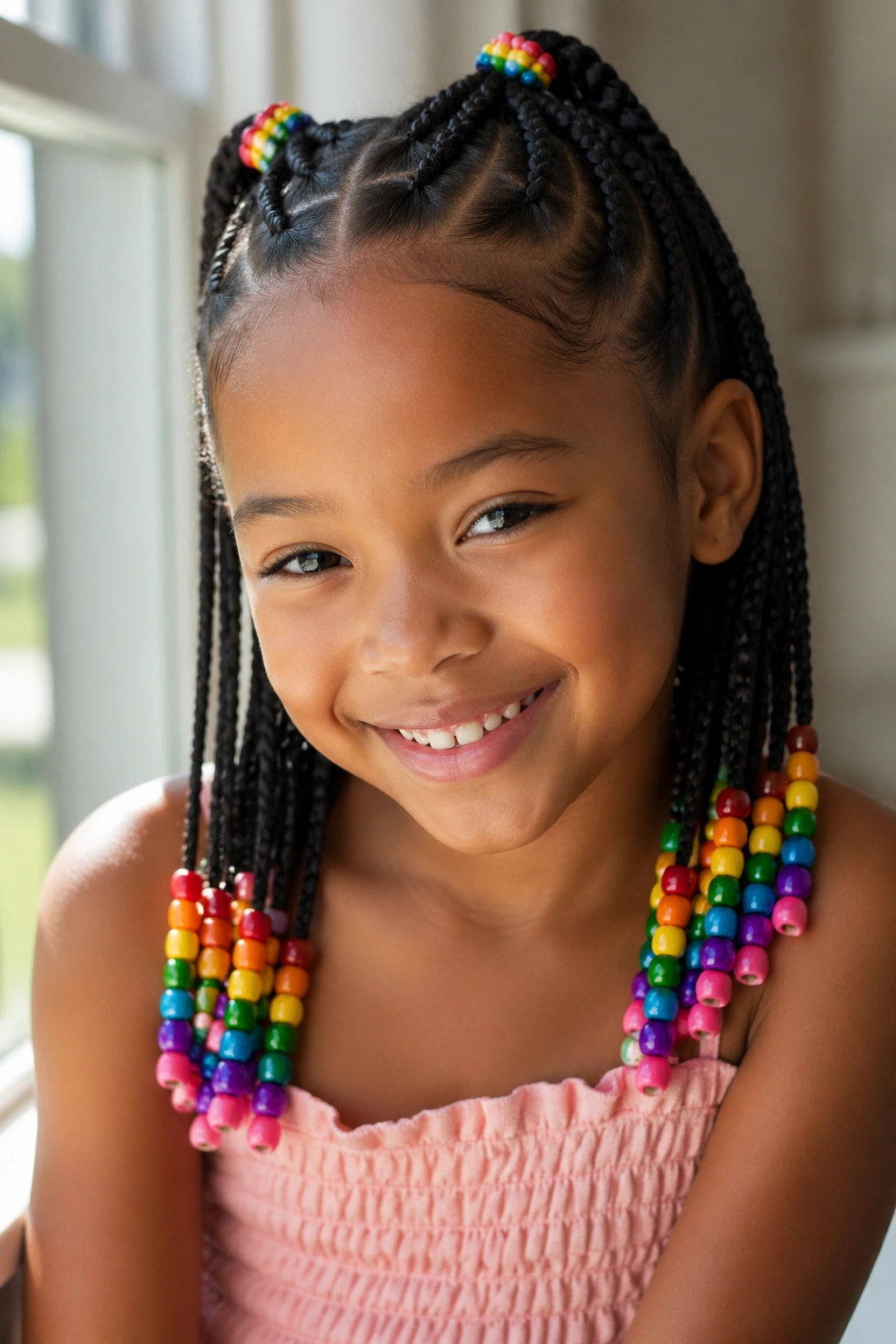 Close-up of a real child with half-up braided pigtails and rainbow beads