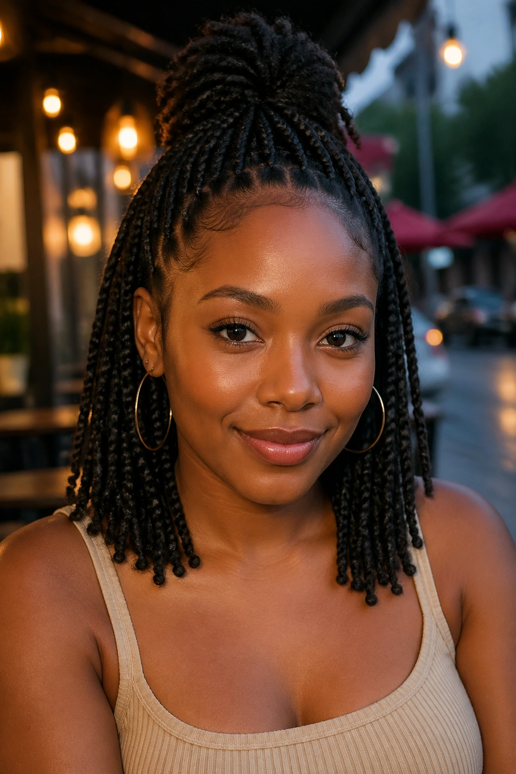 Real woman with half-up half-down short braids