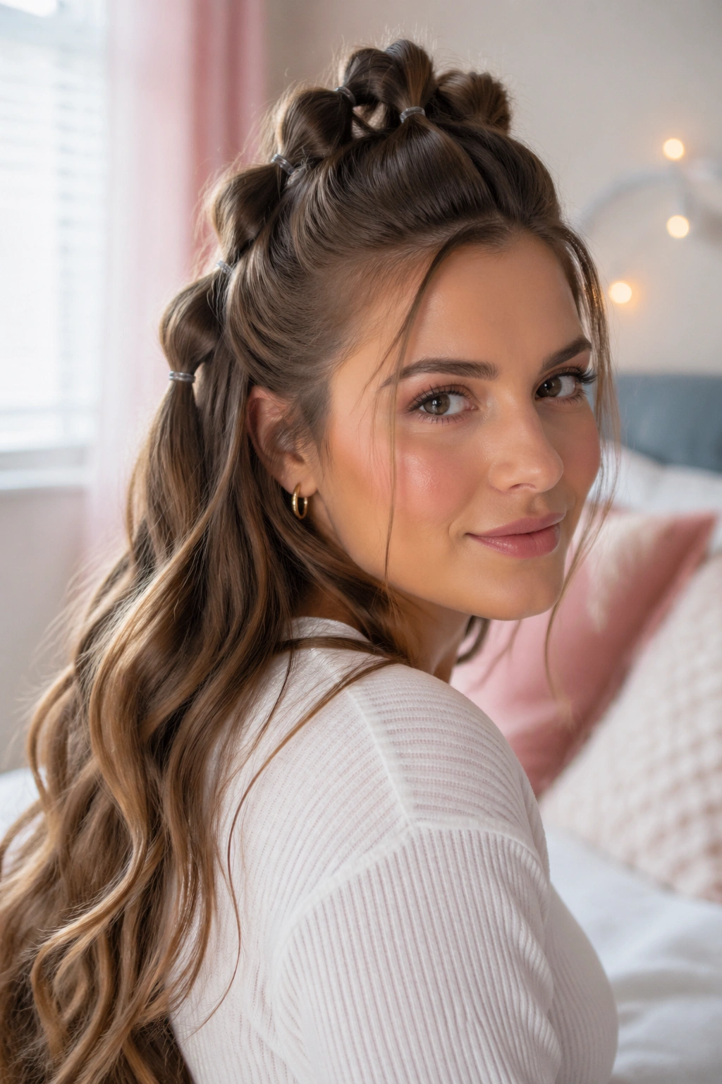 Close-up of a real woman with a half-up bubble braid
